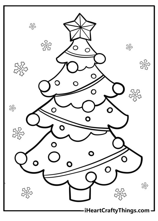 Image of a festive Christmas tree with baubles all over it and snowflakes surrounding it