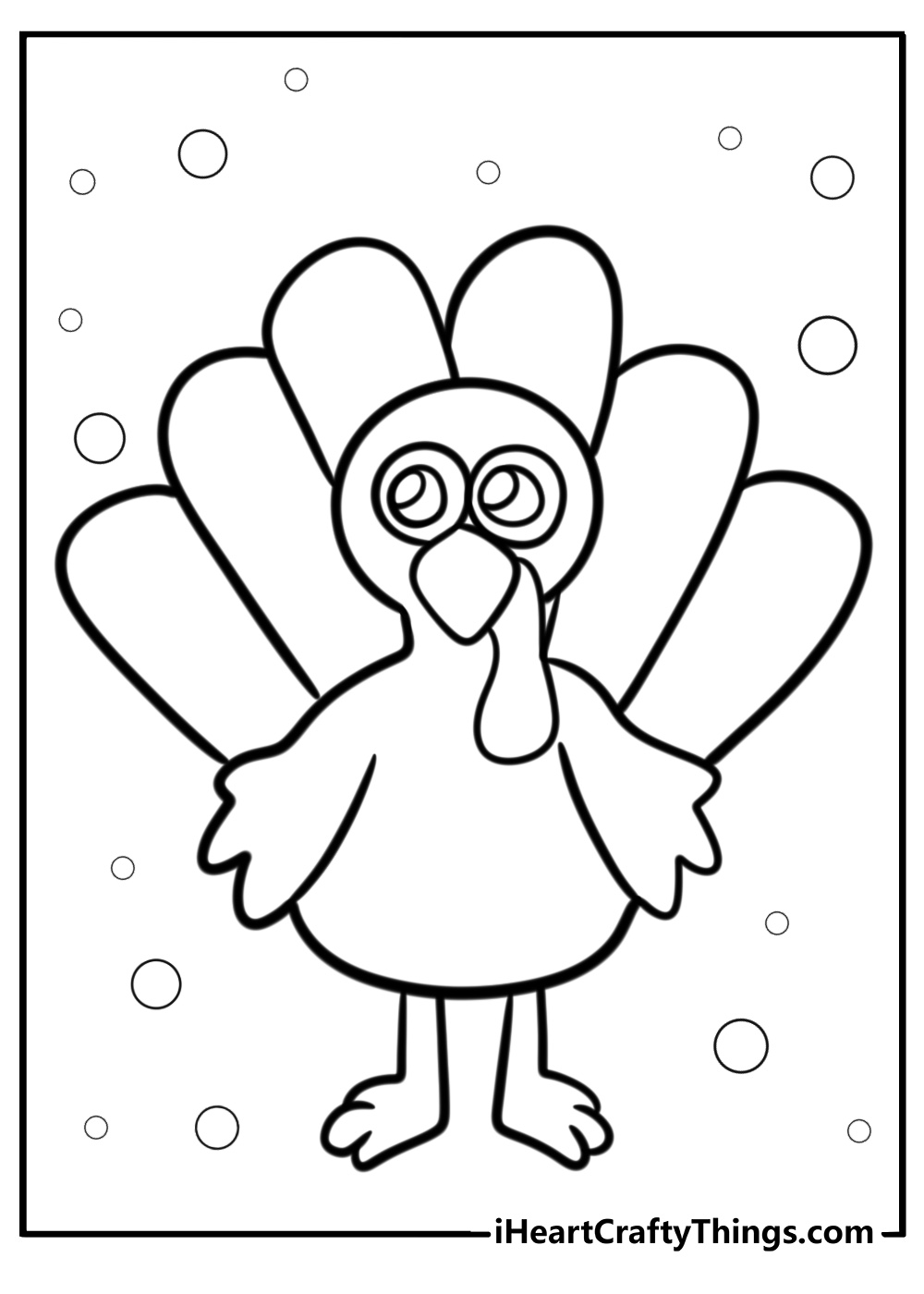 Free printable page to color featuring simple turkey outline with bubbles in the background