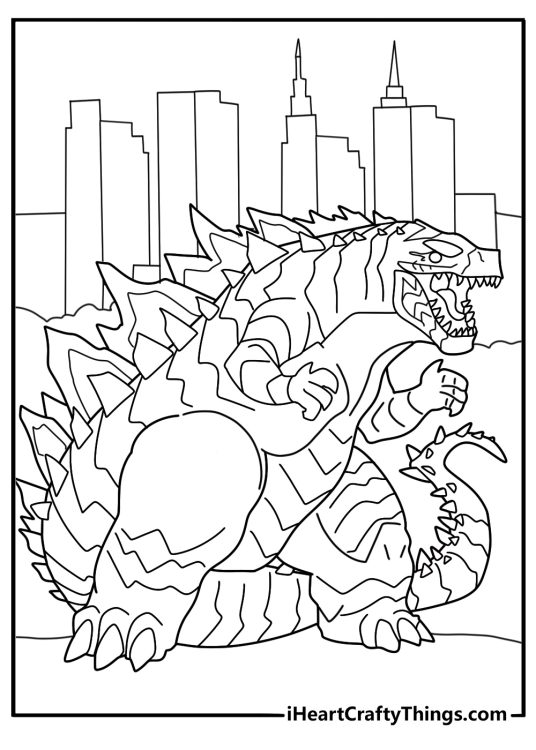 skinny Godzilla with hooded eyes large mouth and huge back spikes coloring sheet
