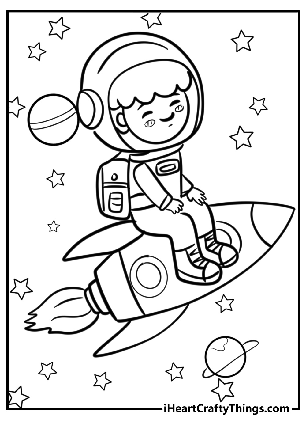 Outer Space-themed poster of a boy astronaut sitting on a rocket with stars and planets surrounding him