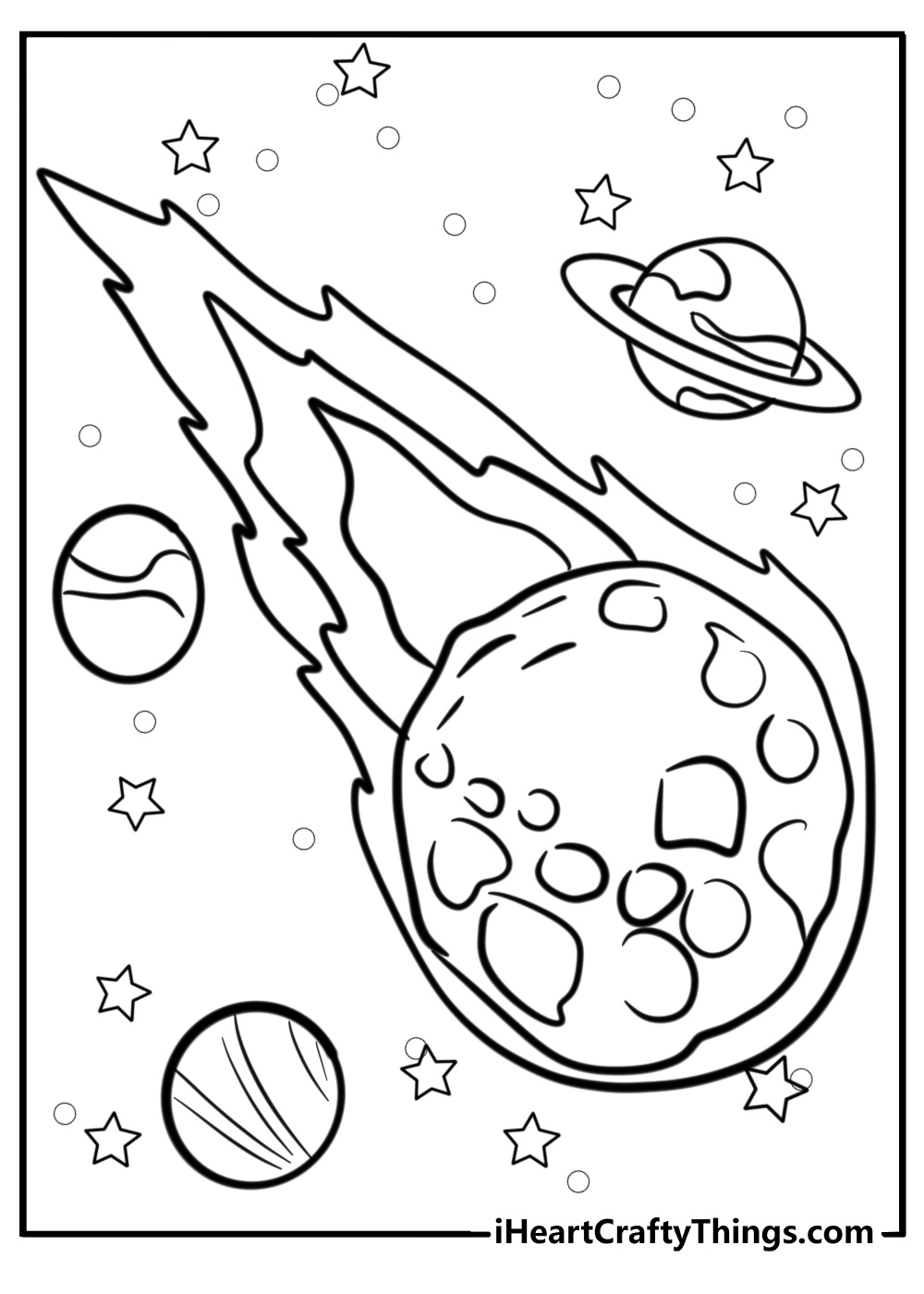 Detailed Outer Space printable for kids featuring large comet with cosmos in the background