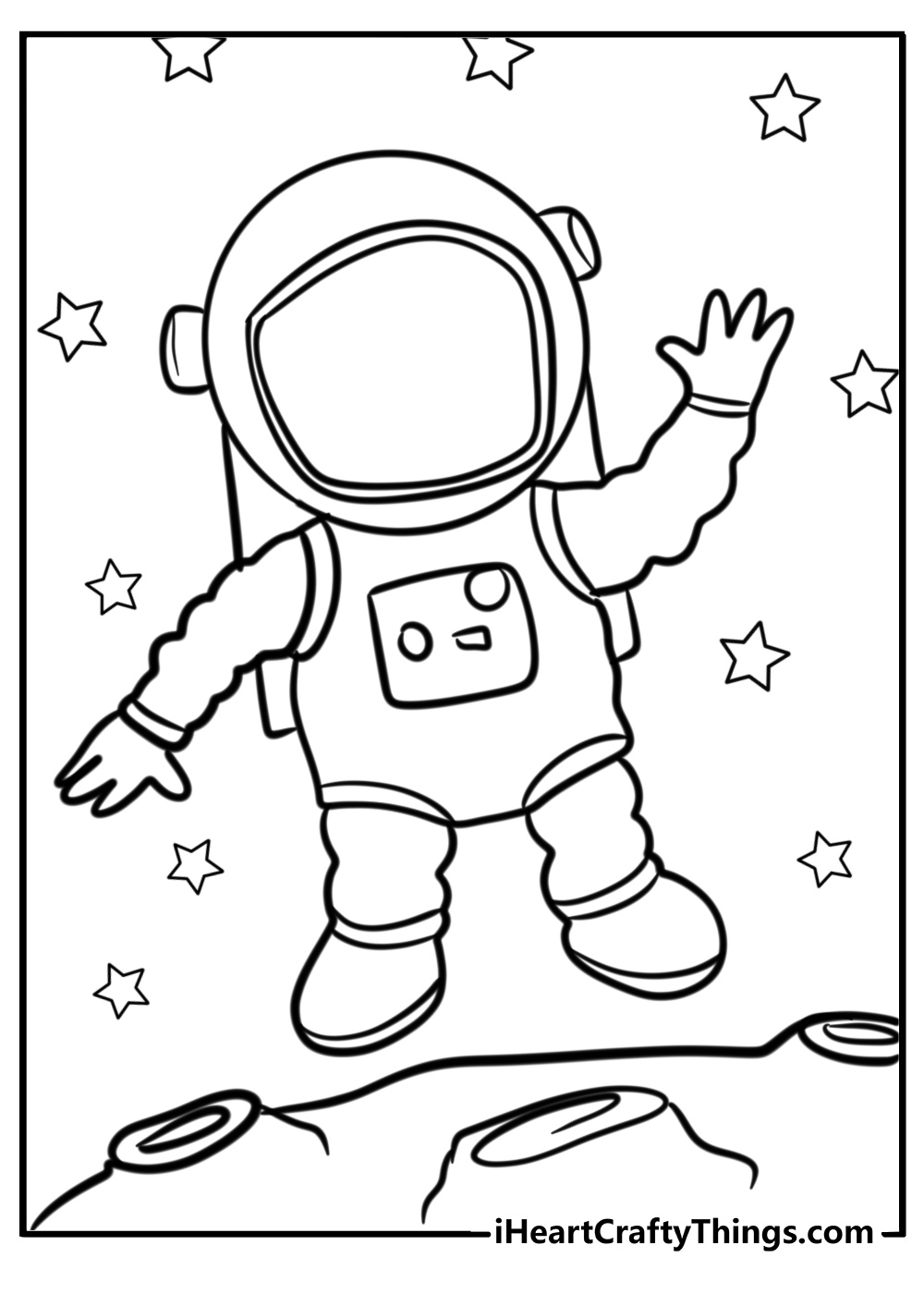 Free Outer Space-themed printable featuring flying astronaut with the moon below him and stars all around him