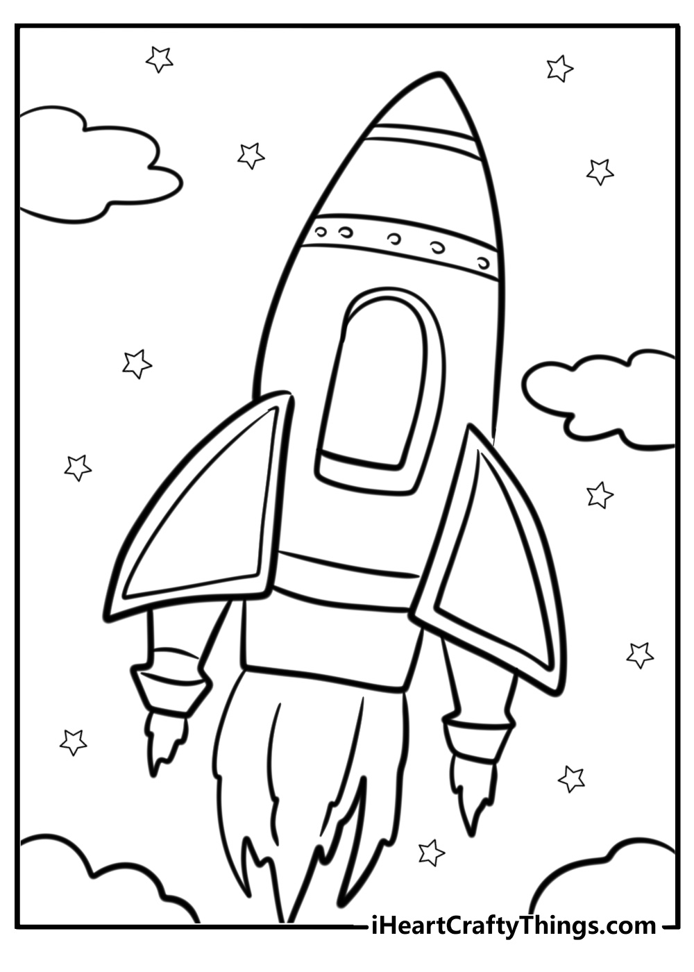 Outer Space printable page to color featuring large rocket surrounded by stars and clouds