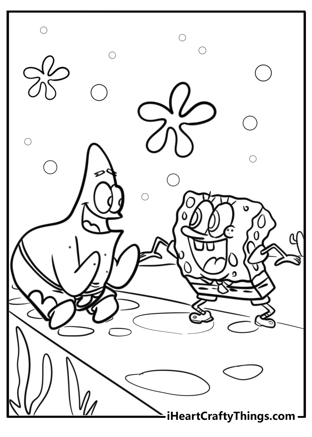 Spongebob and patrick playing together detailed coloring sheet