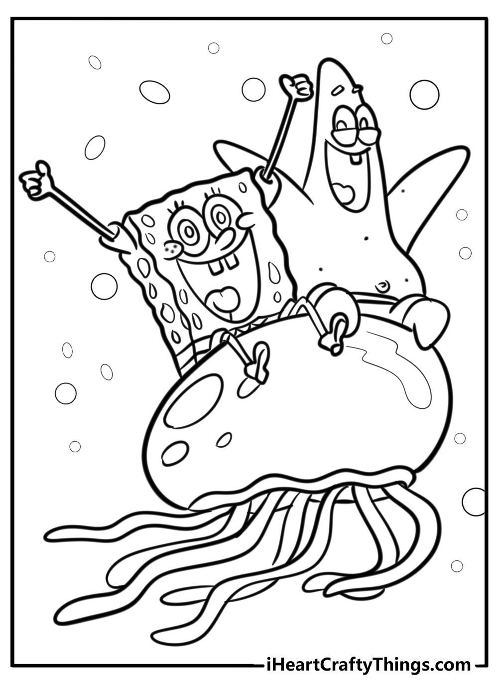 Spongebob and patrick riding on jellyfish free printable coloring page