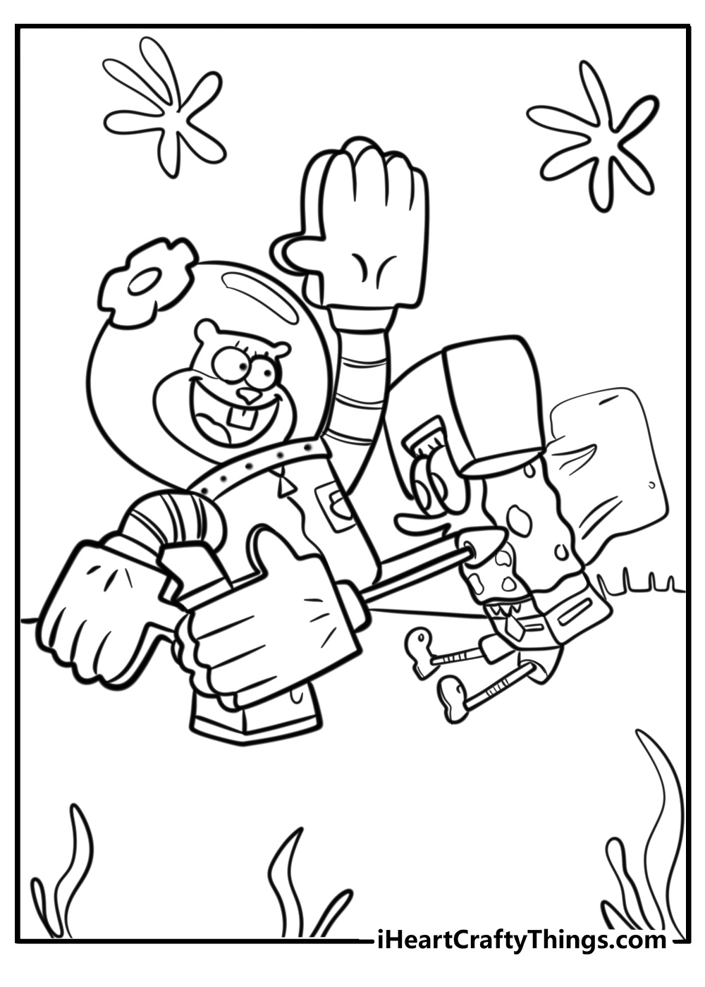 Spongebob and sandy cheeks doing karate detailed coloring sheet