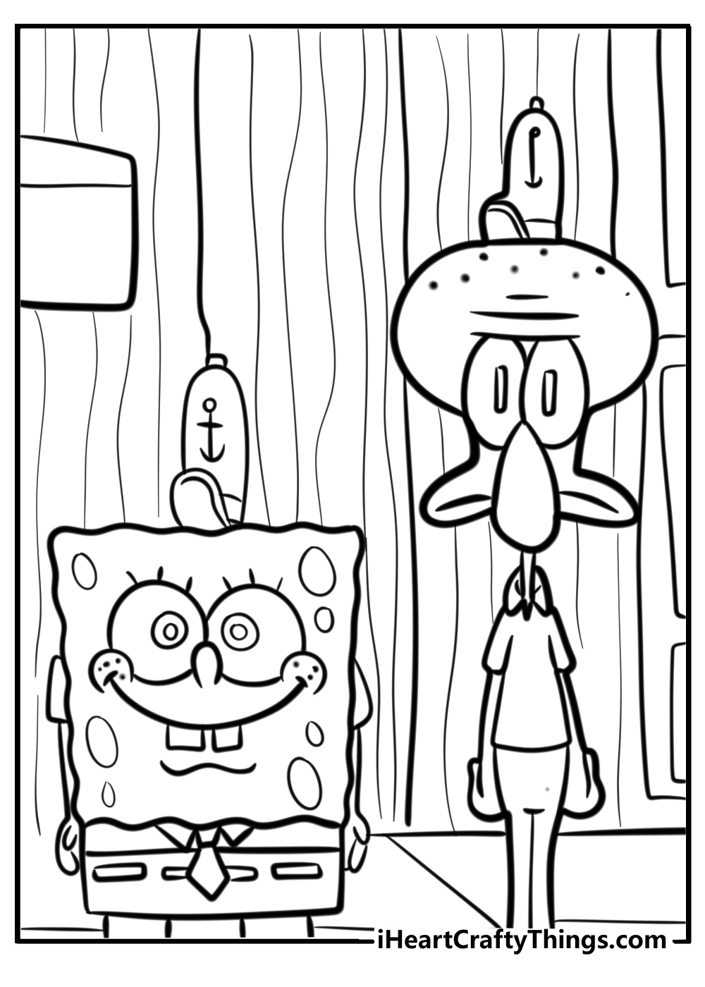 Spongebob and squidward at the krusty krab fun printable coloring sheet