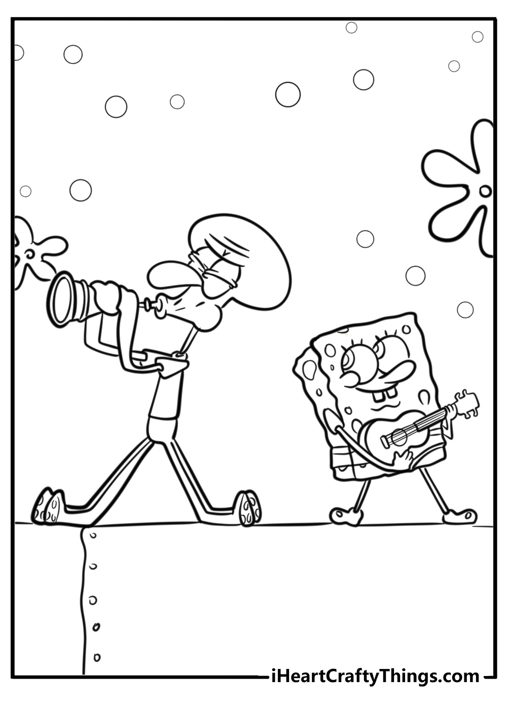 Spongebob and squidward playing music fun coloring sheet