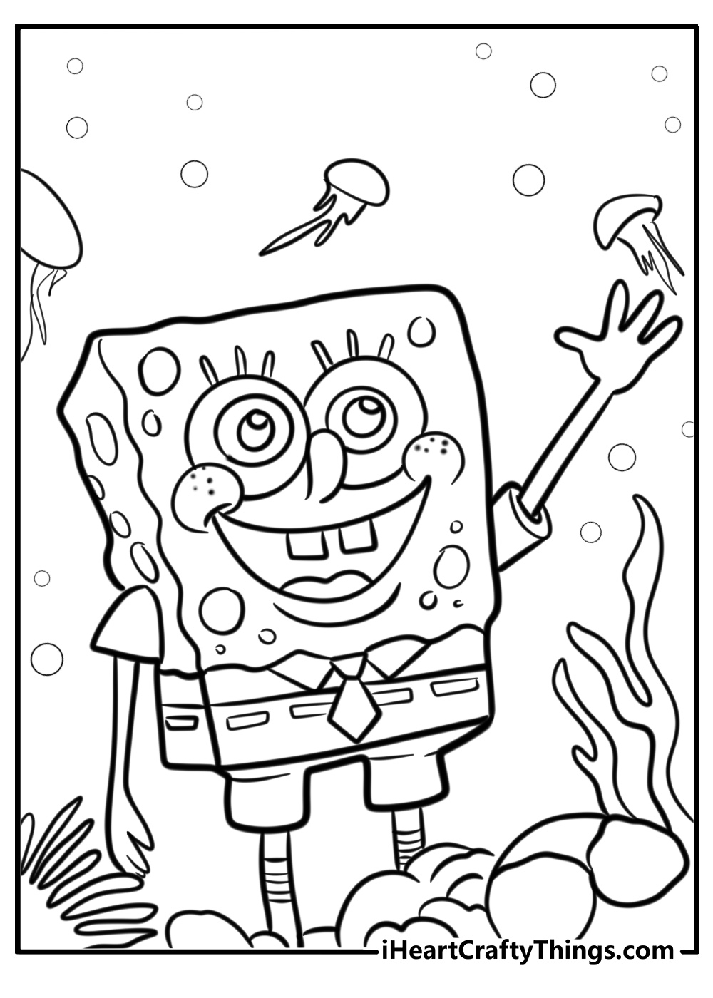 Spongebob smiling and waving coloring page for kids