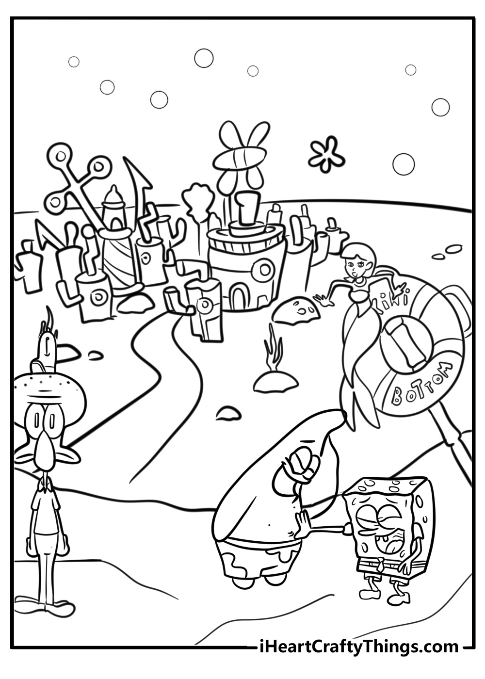 Spongebob with his friends in bikini bottom coloring page for kids