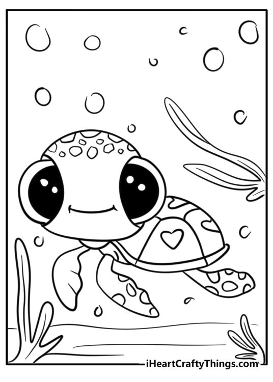 Image of a tiny turtle with enormous black eyes cute smile and heart shapes on the shell