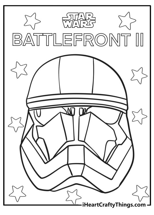 Free coloring poster featuring Star Wars Battlefront II phrase and a robot mask surrounded by stars