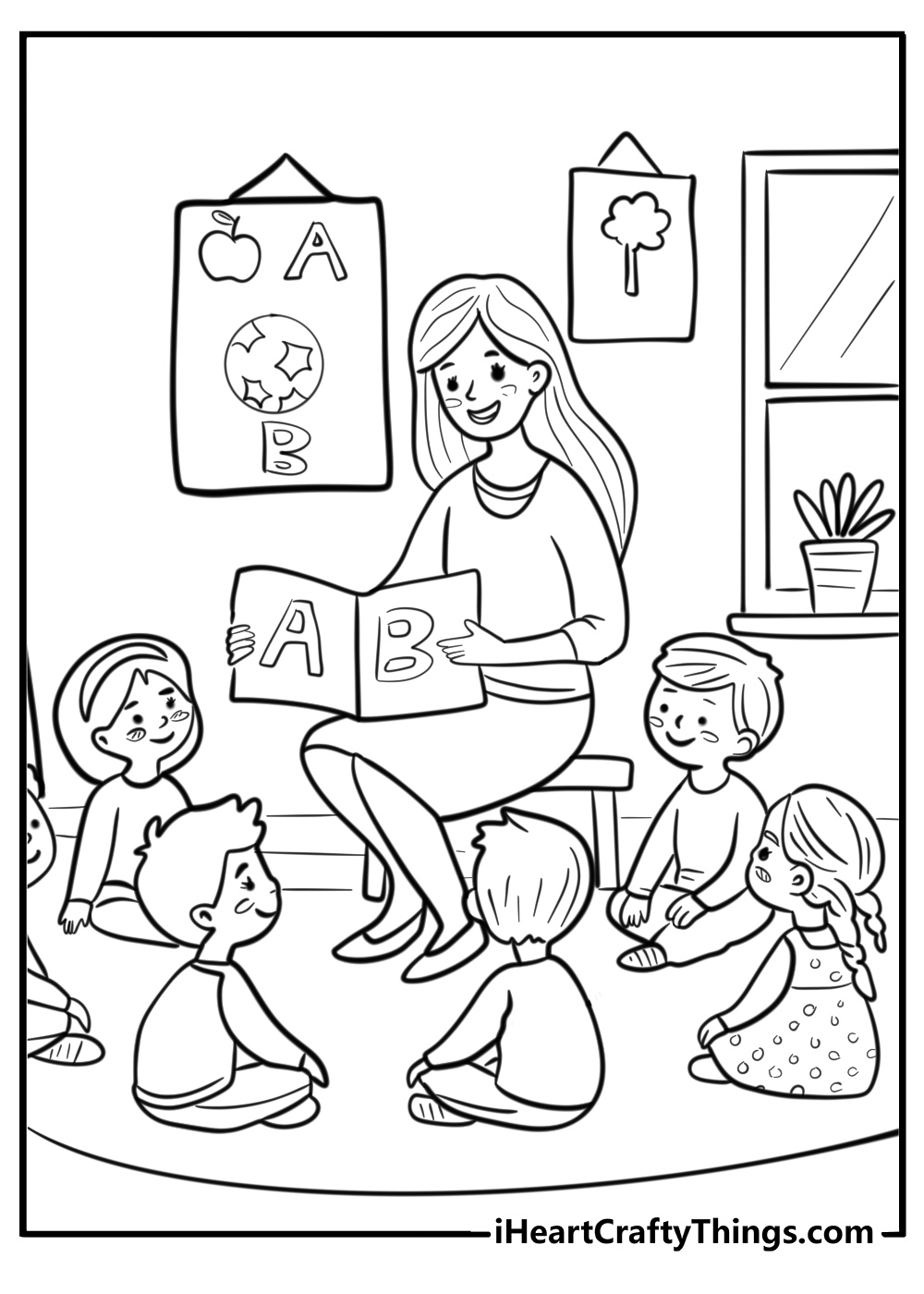 Teacher reading a story to the class detailed coloring sheet