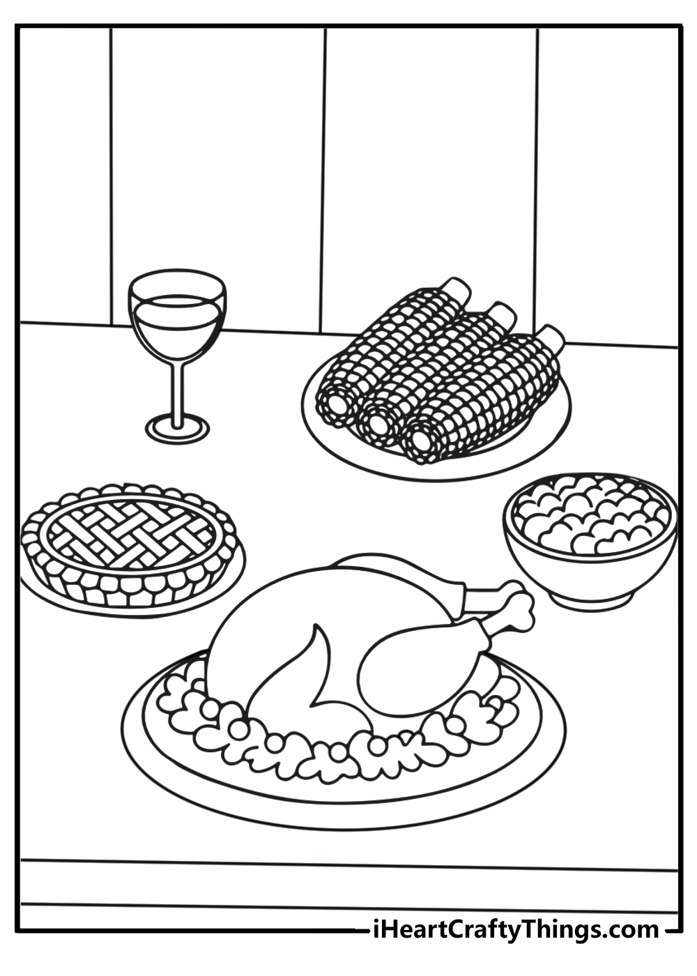 Thanksgiving dinner table with a turkey, pie, grilled sweet corn, cream corn and a glass of wine free printable pdf