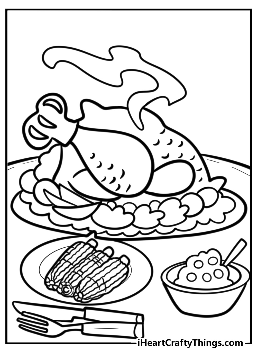 Coloring page of a roast turkey, grilled sweet corn, cream corn and cuttlery served on a Thanksgiving dinner table