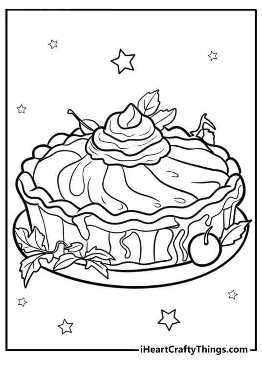 Detailed coloring printable featuring Thanksgiving pumpkin pie with whipped cream surrounded by stars