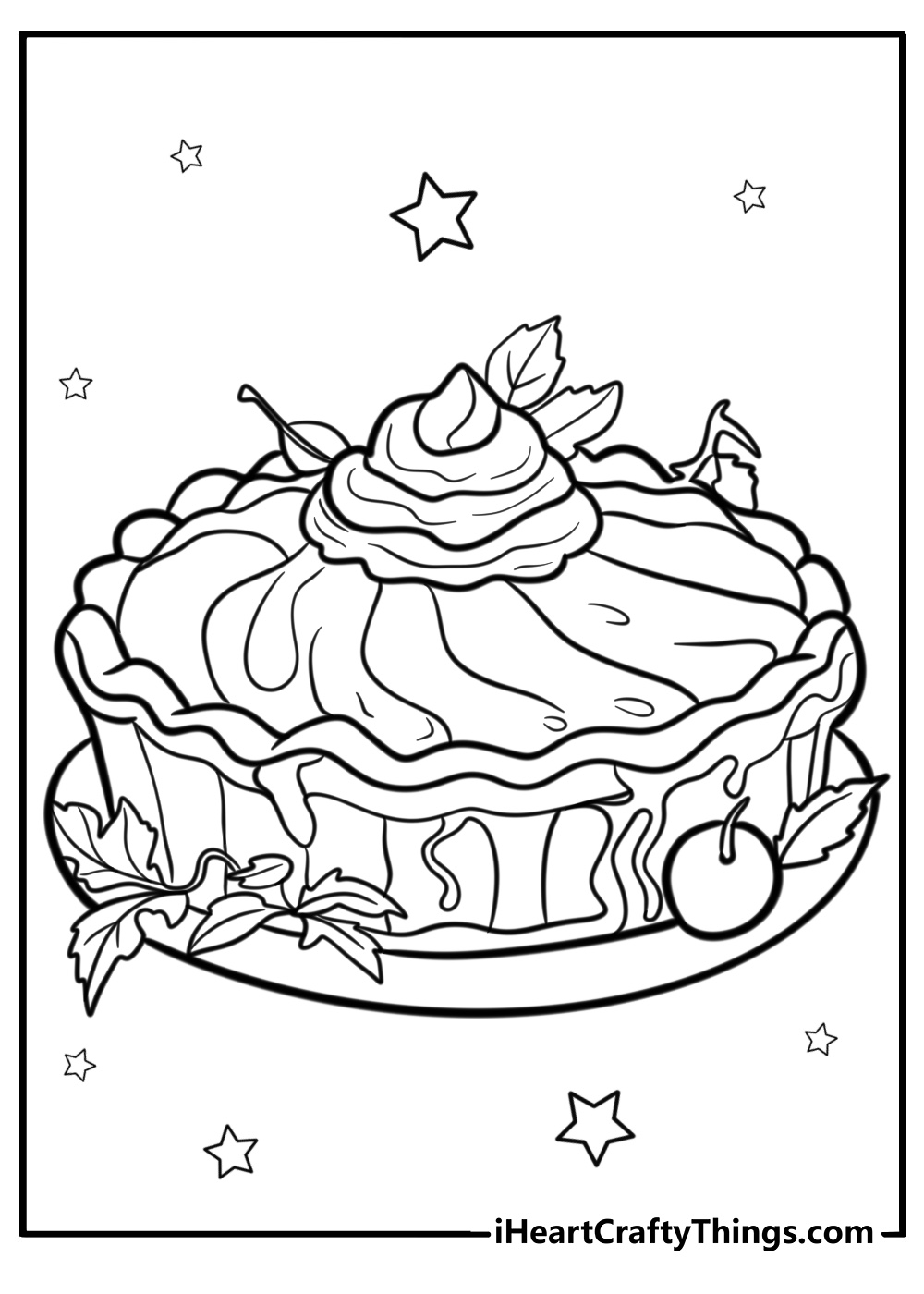 Detailed coloring printable featuring Thanksgiving pumpkin pie with whipped cream surrounded by stars