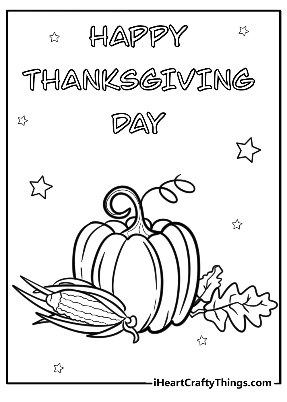 Coloring card featuring pumpkin,corn and leaves with a ''Happy Thanksgiving Day'' phrase above