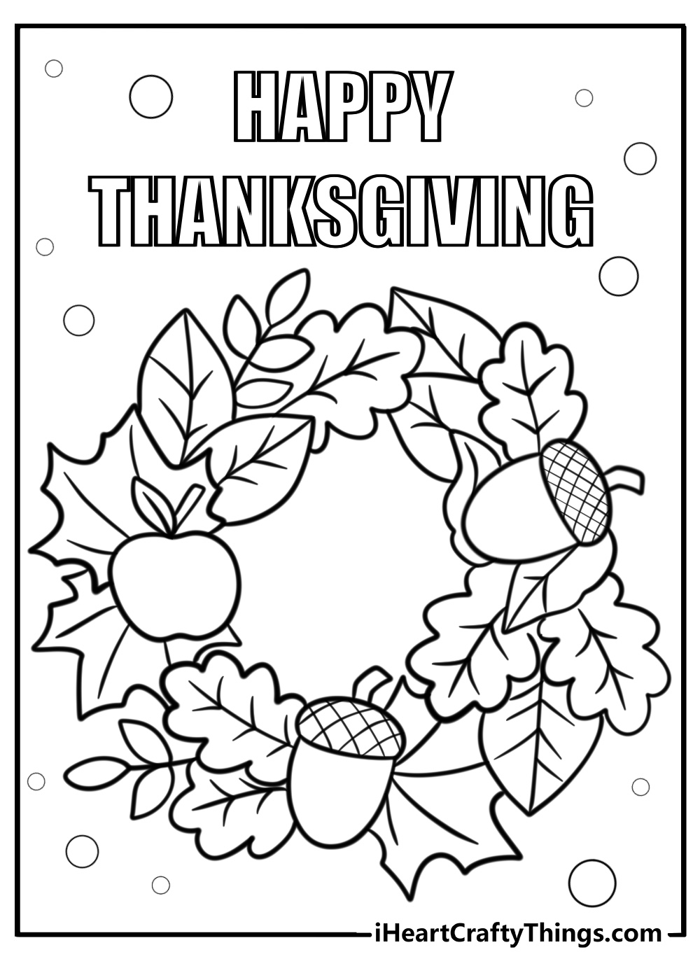 Coloring card with a Thanksgiving wreath made of Fall leaves and acorns and a ''Happy Thanksgiving'' phrase