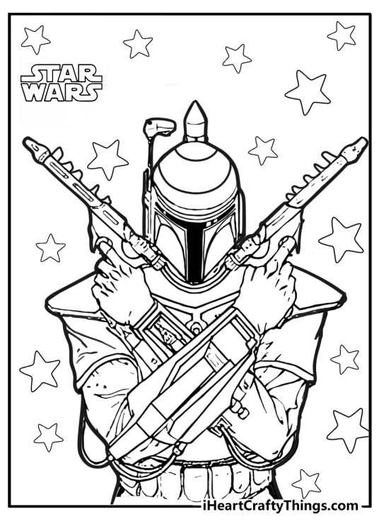 Star Wars-themed wallpaper depicting the Mandalorian with two guns surrounded by stars