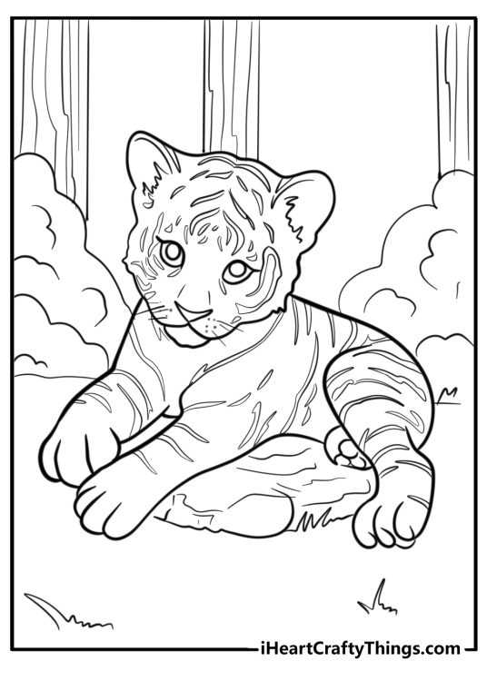 Coloring printable for children featuring adorable tiger cube resting in a forest