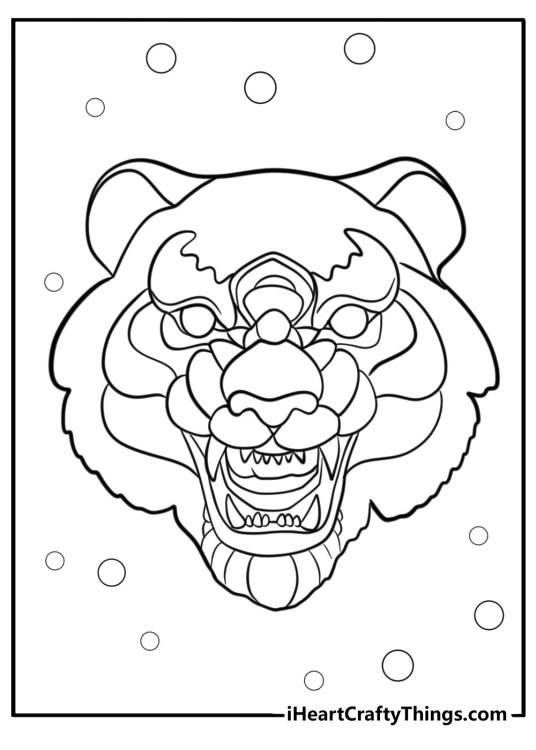 Detailed coloring drawing for adults presenting tiger head with small circles all around it