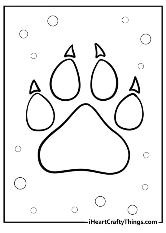 Printable coloring drawing of a big tiger paw print surrounded by small circles