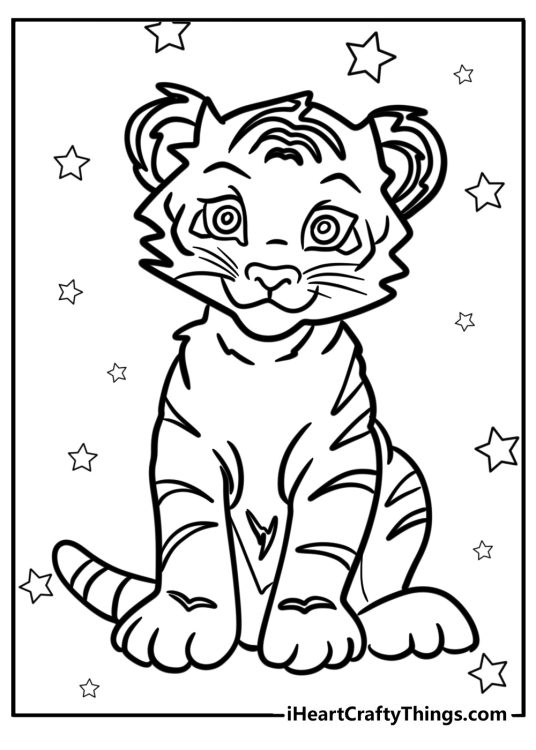 Coloring sheet featuring little cartoony tiger with curiuos facial expression and stars all around him
