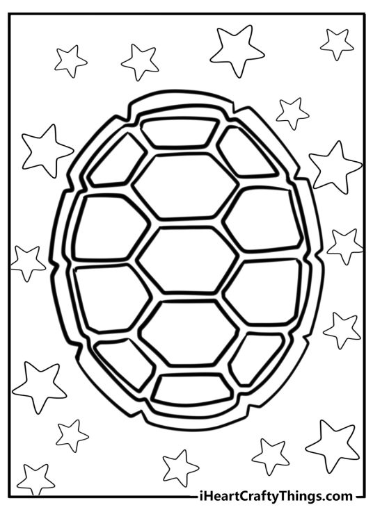 Turtle-themed picture to print and color featuring drawing of a turtle shell with stars all around it