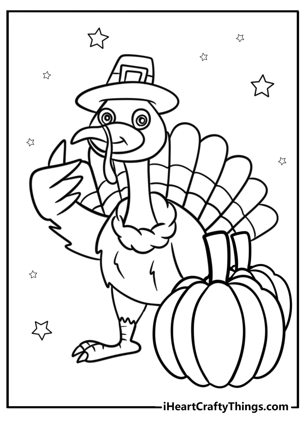 Turkey-themed image featuring Thanksgiving turkey with some pumpikns at the side and stars in the background