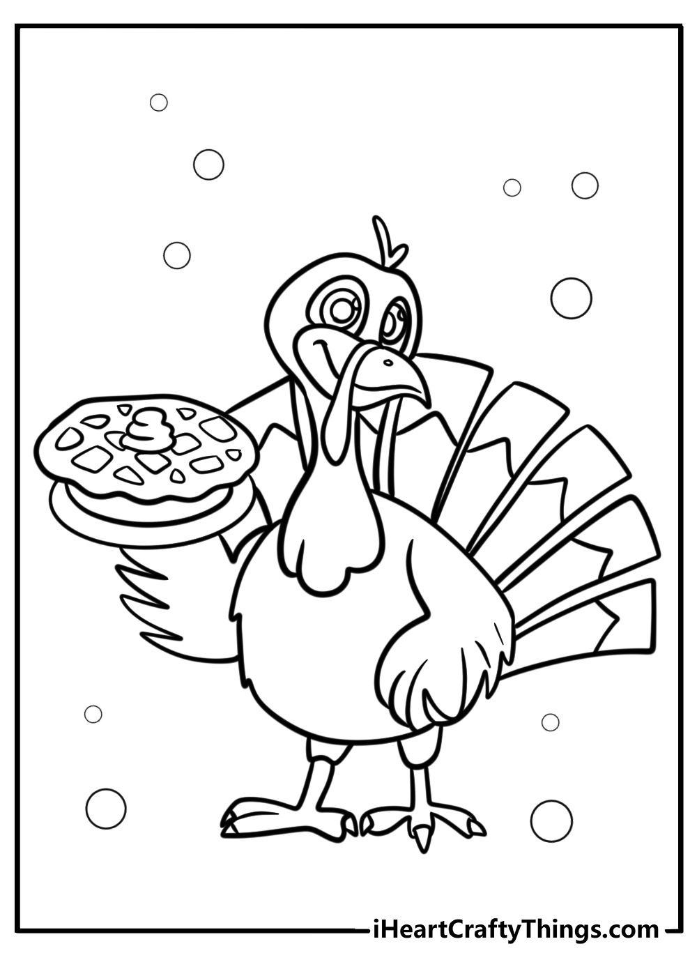 Printable coloring image of a turkey holding a pumpkin pie with bubbles in the backgorund