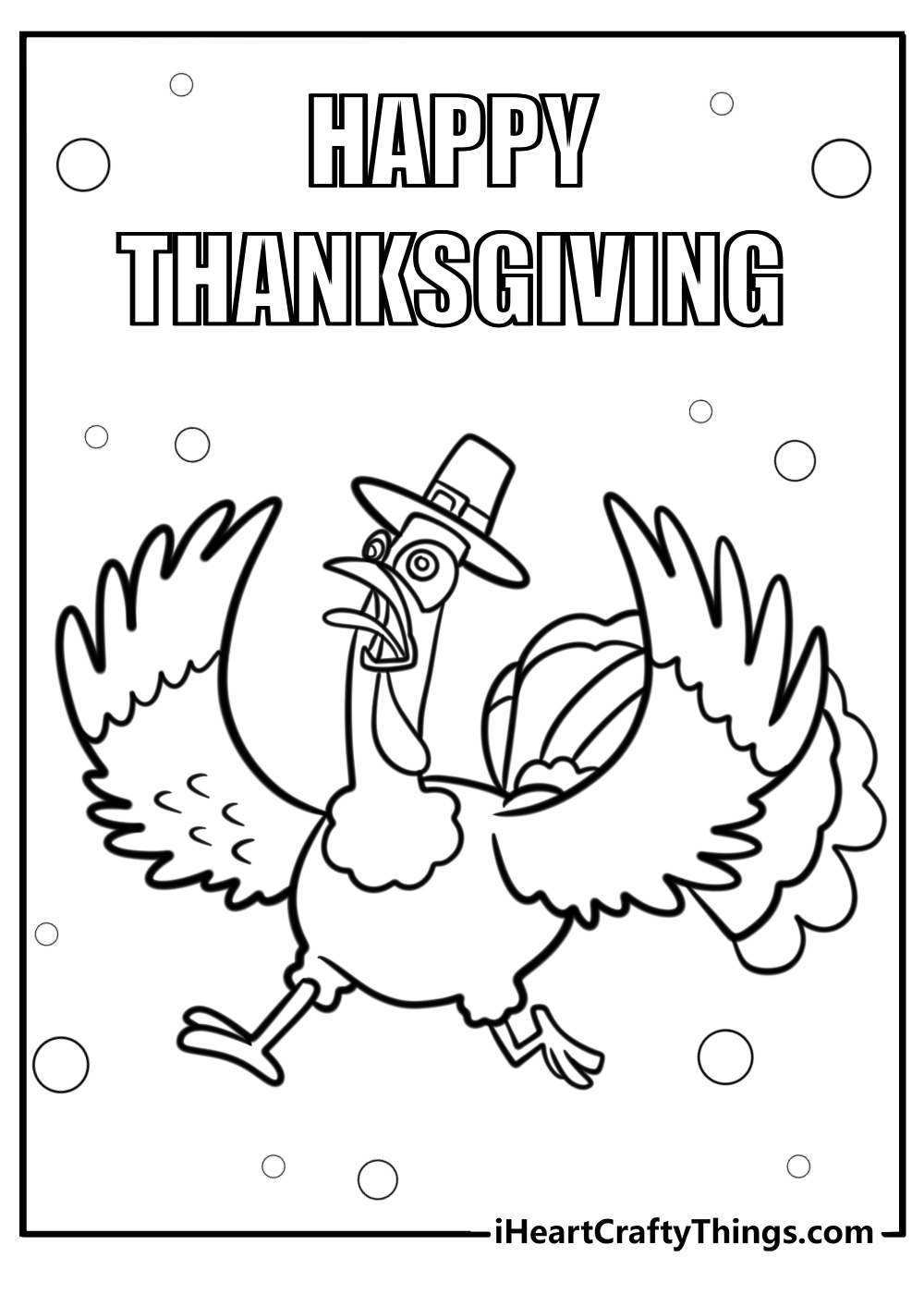 Printable page to color of a funny running turkey wearing Pilgrim hat and a ''Happy Thanksgiving'' note