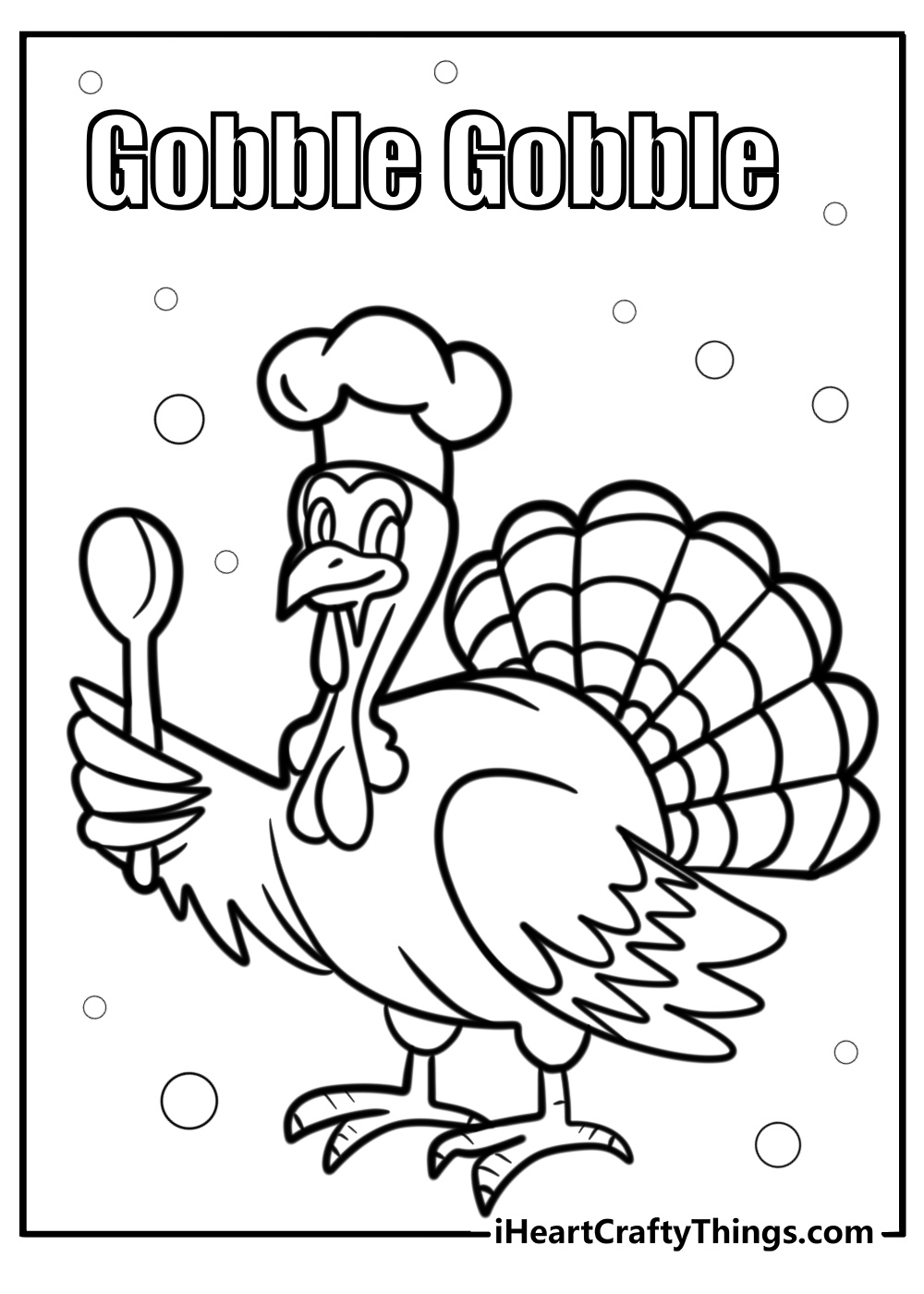 Detailed cartoon drawing of a Thanksgiving turkey with a chef hat and large spoon saying ''gobble gobble''