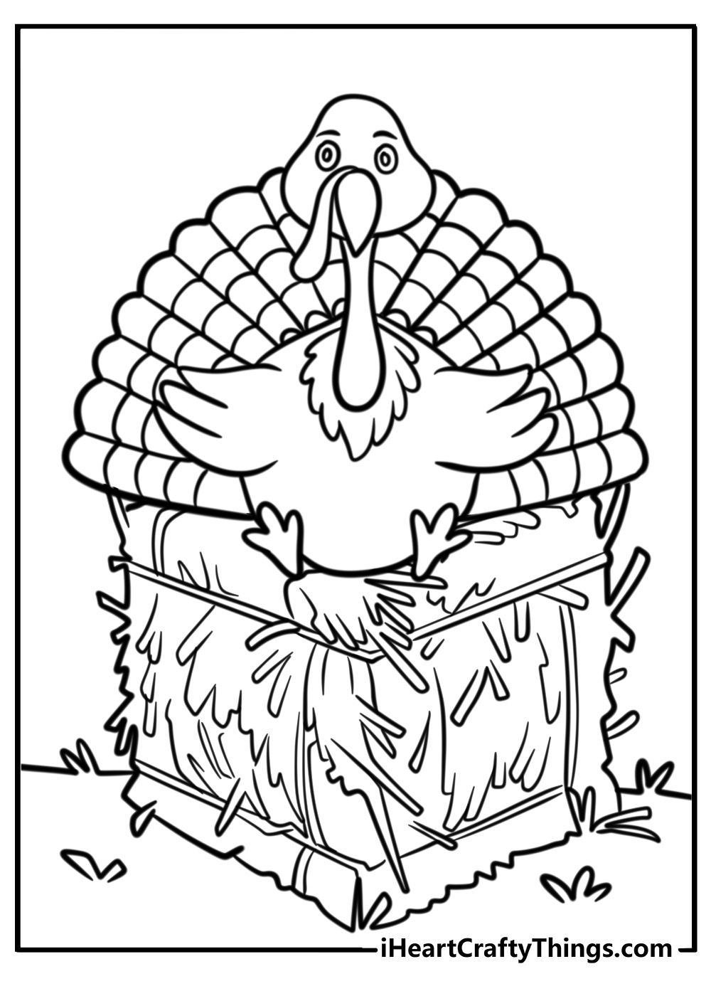 Detailed coloring picture featuring turkey with feathers spread widely sitting on a hay bale