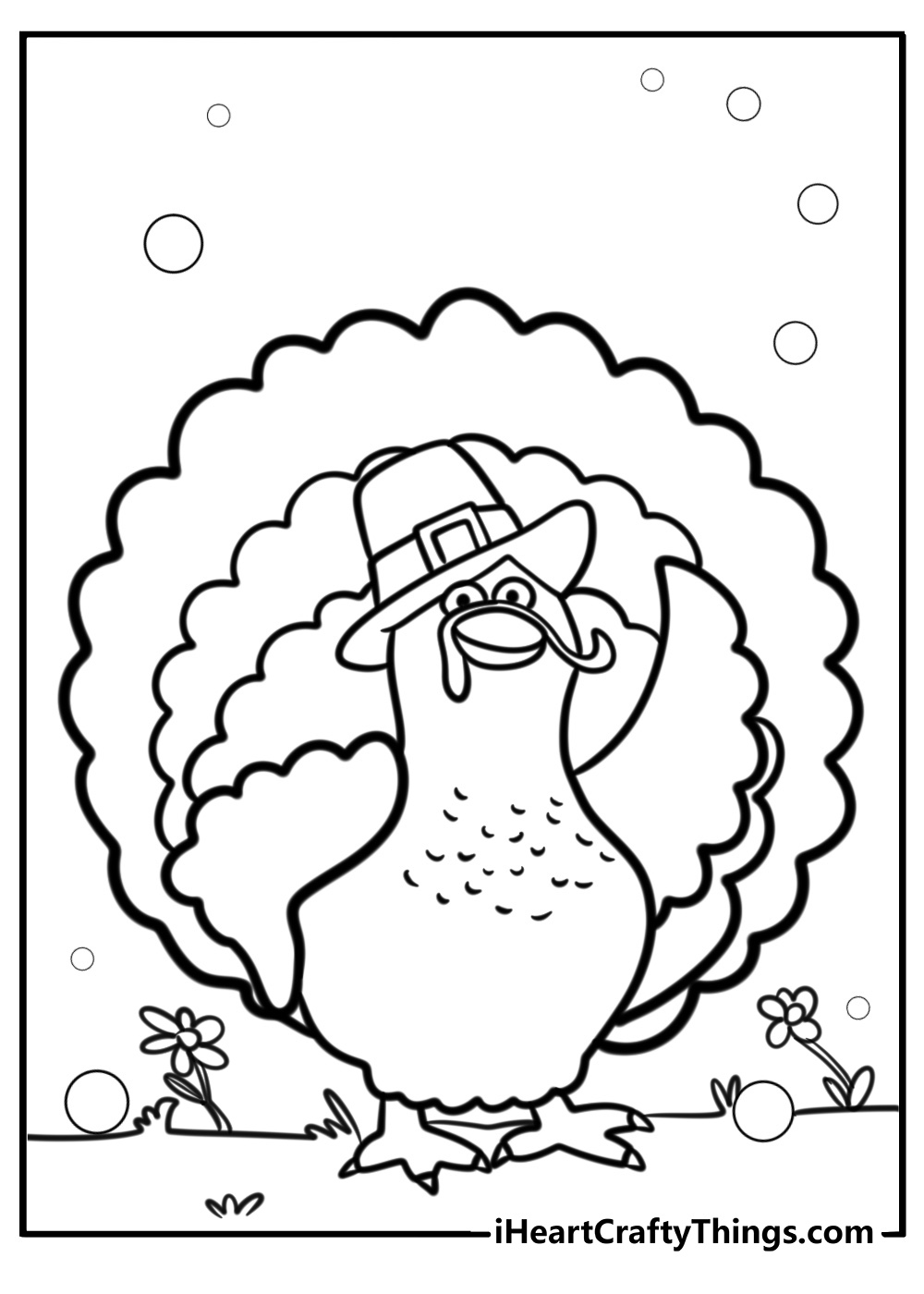 Printable pdf to color featuring turkey with a Pilgrim hat posing proudly in a garden