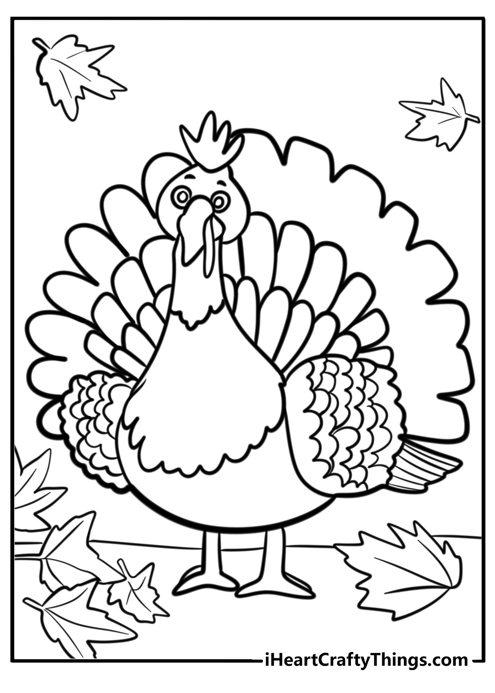 Detailed printable coloring page featuring realistic turkey surrounded by autumn leaves