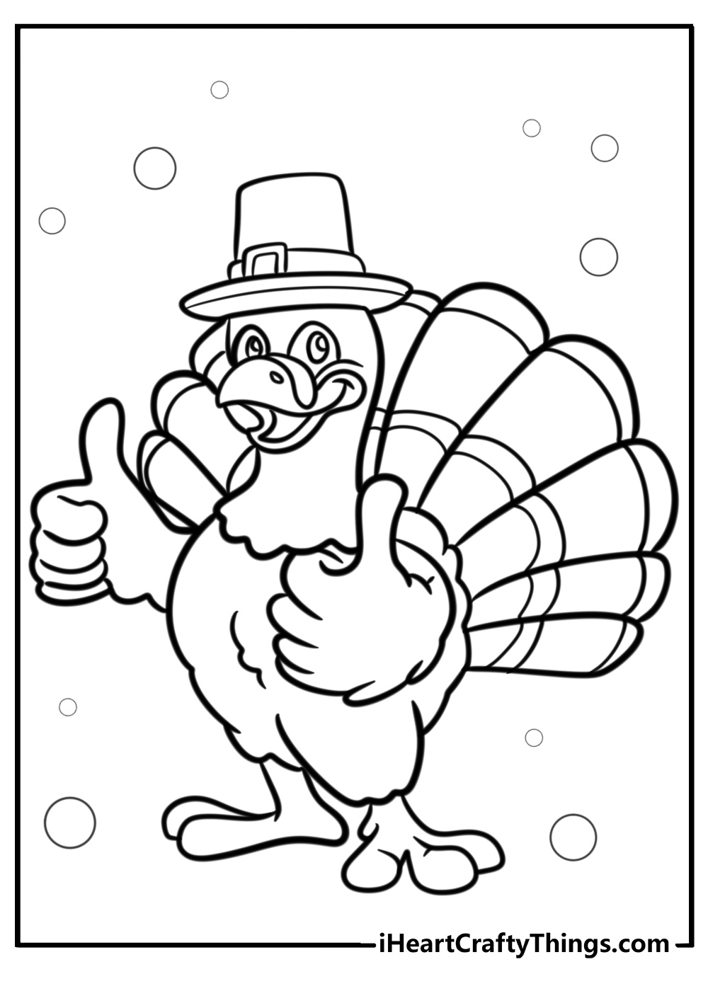 Turkey with a big smile and hat detailed coloring sheet