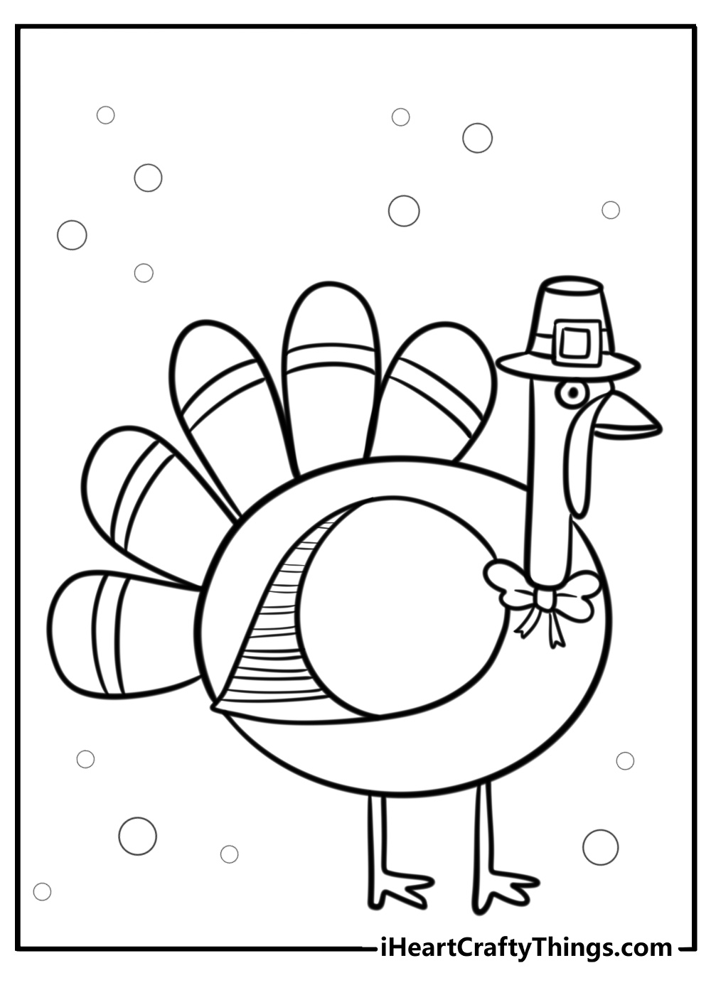 Printable coloring page for kids featuring cute turkey with a little hat and bow