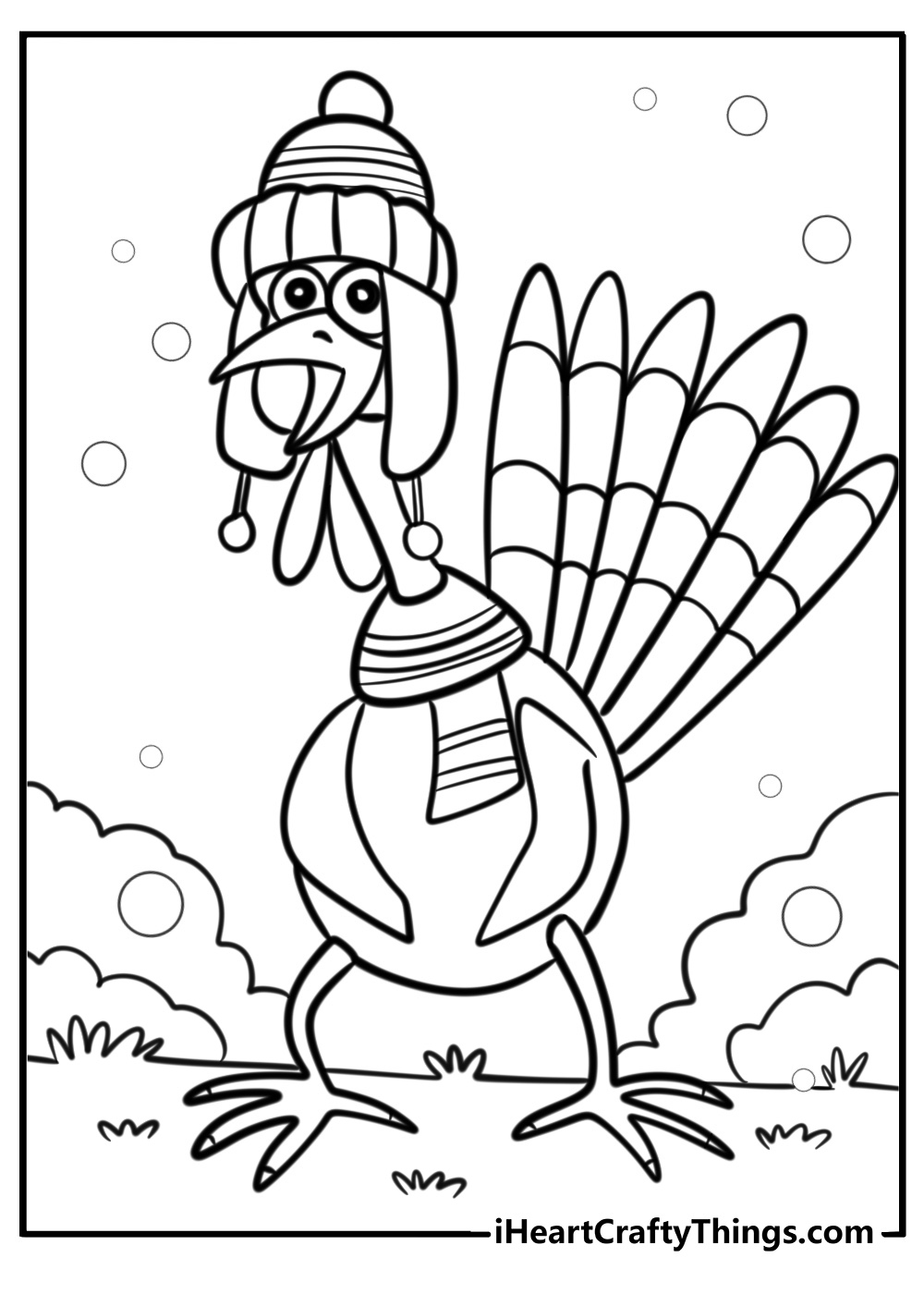 Free printable page featuring surprised turkey wearing hat and scarf with some greenery in the background