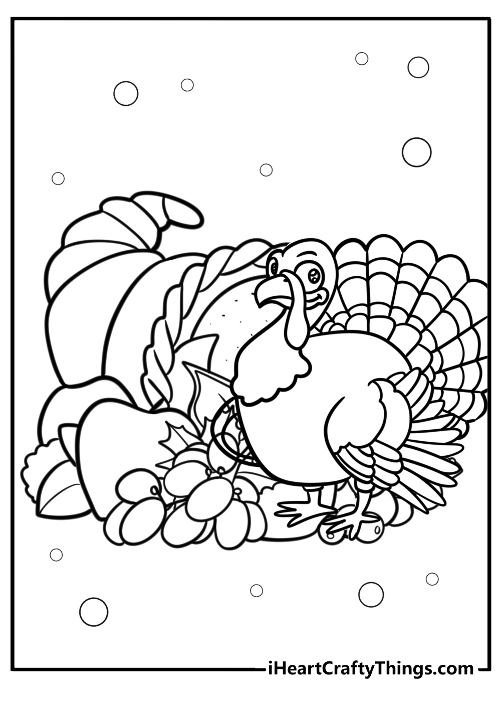 Turkey with harvest vegetables detailed coloring sheet