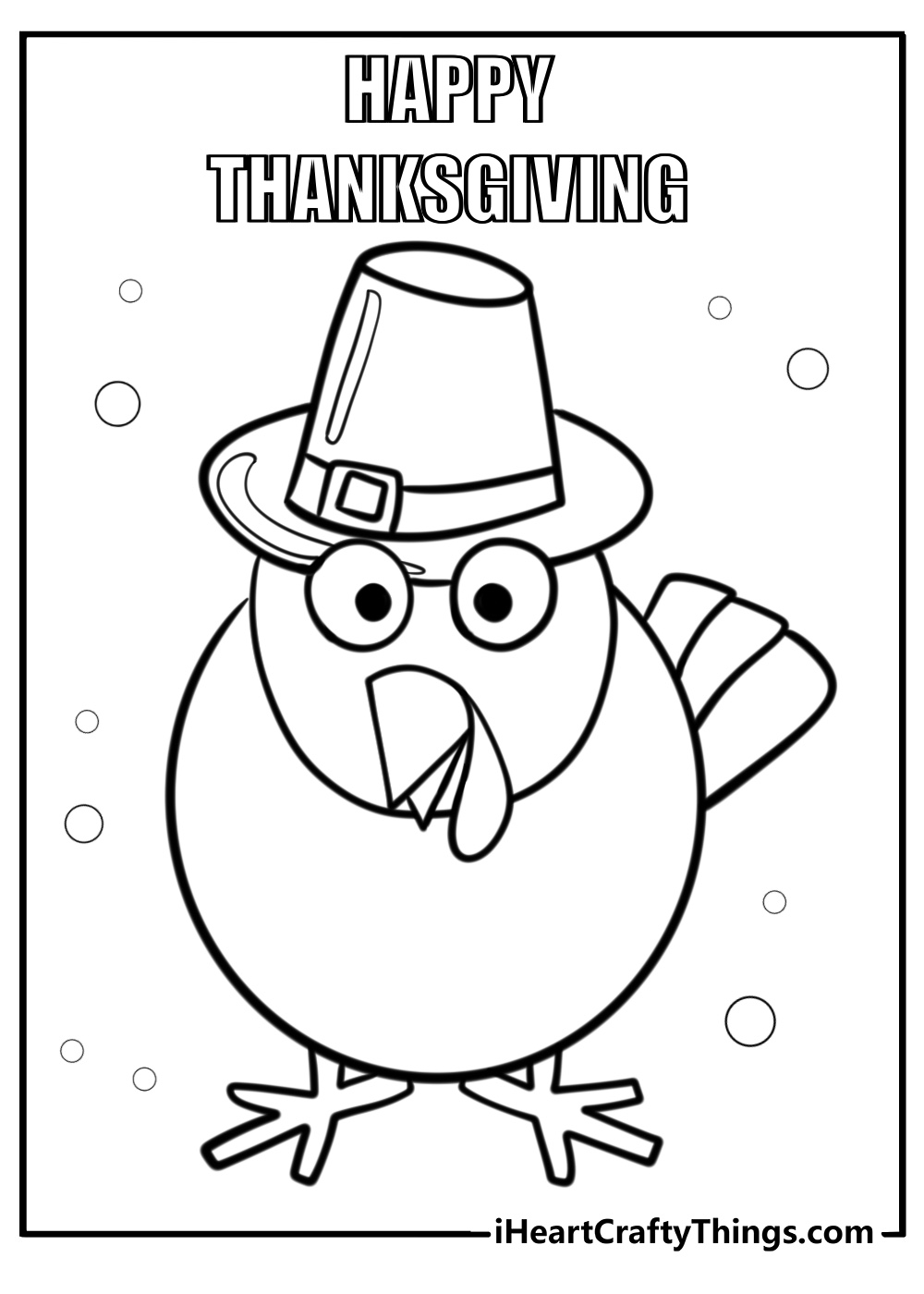 Coloring page for kids featuring turkey with a Pilgrim hat and a ''Happy Thanksgiving'' phrase above its head