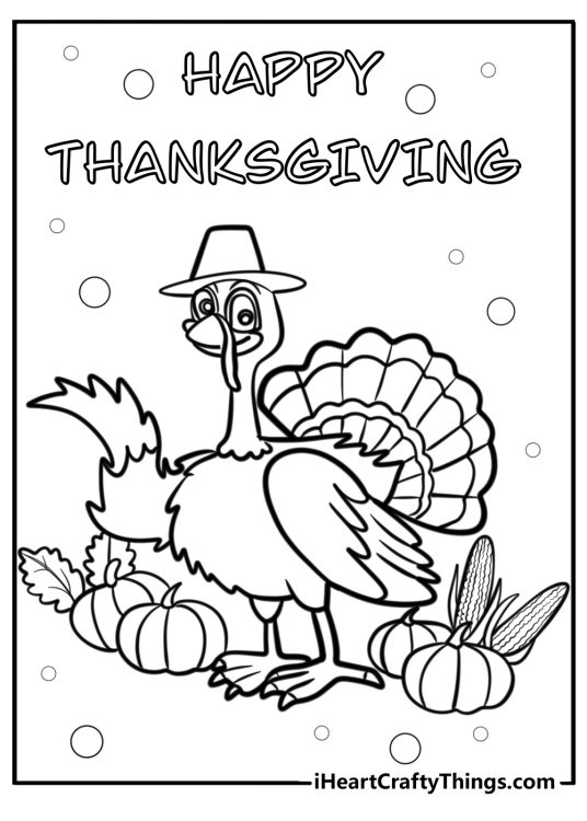 Detailed picture featuring full size turkey surrounded by pumpkins, corns and a 