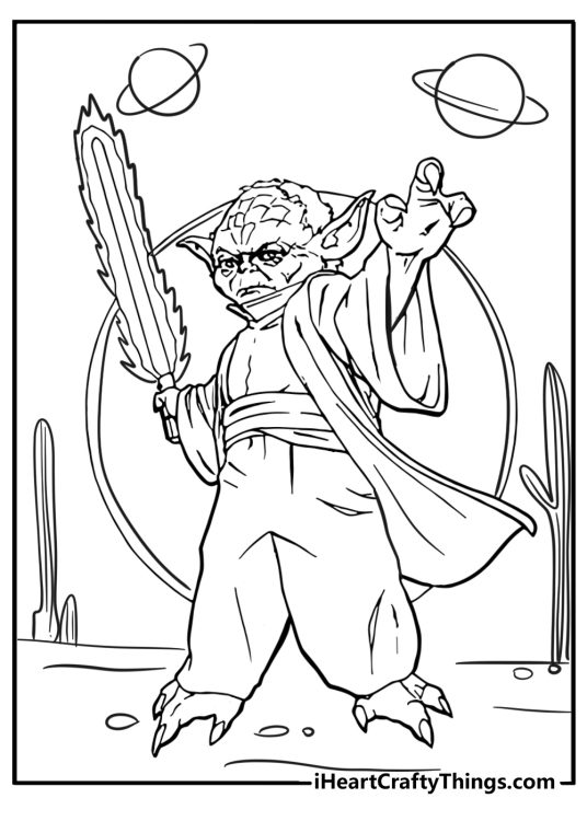 Coloring page featuring Yoda from Star Wars in a fighting pose with planets and tall cacti in the background
