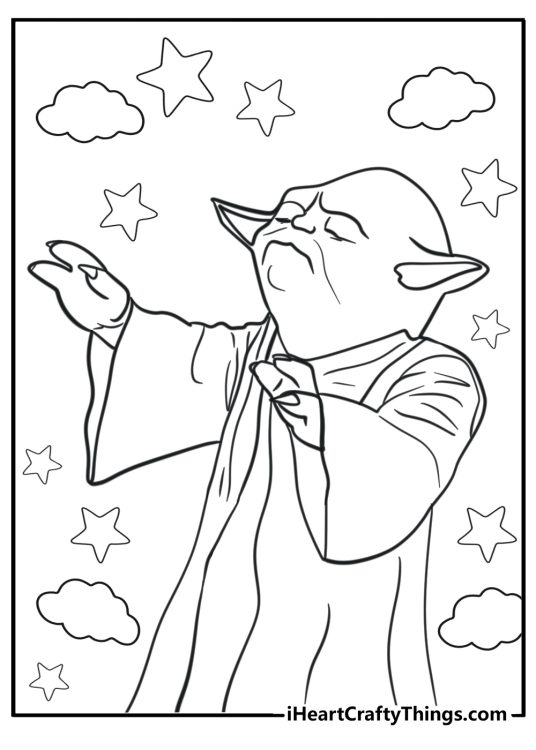 Star Wars-themed picture to color featuring Yoda meditating with closed eyes surrounded by clouds and stars
