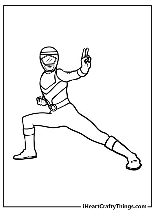 Power Rangers-themed coloring page showing a ranger pulling a cool move with blank background