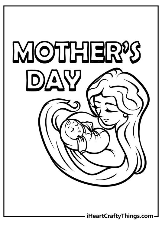 Page with Mothers day phrase written above a mother holding her baby and her long hair creating a protective circle