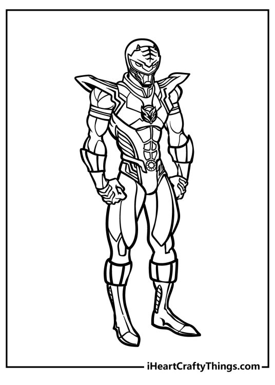 Free coloring page presenting Power Ranger wearing higly detailed armor with many sections