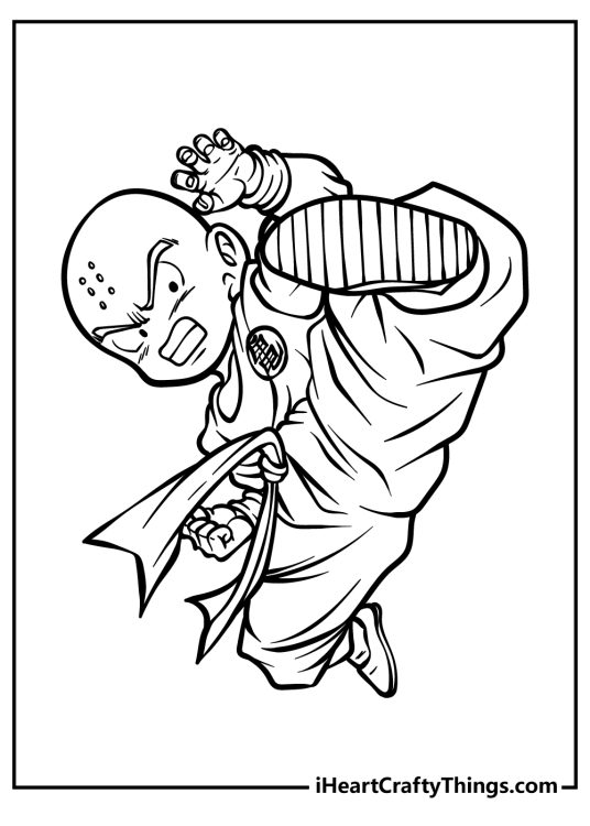 Detailed drawing featuring Krillin from Dragon Ball Z performing a really powerful kick