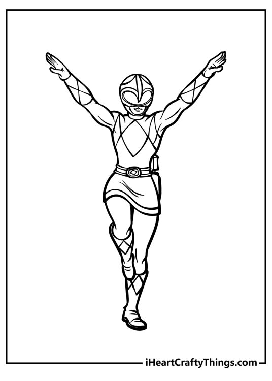 Power Rangers printable page for kids depicting female ranger wearing a skirt in a dramatic pose
