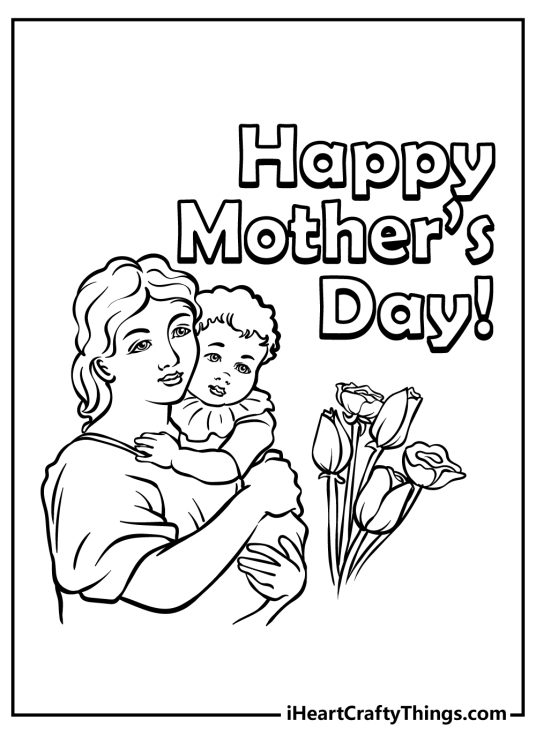 Printable picture of a mother with a child and a bouquet of flowers with Happy Mothers Day greeting